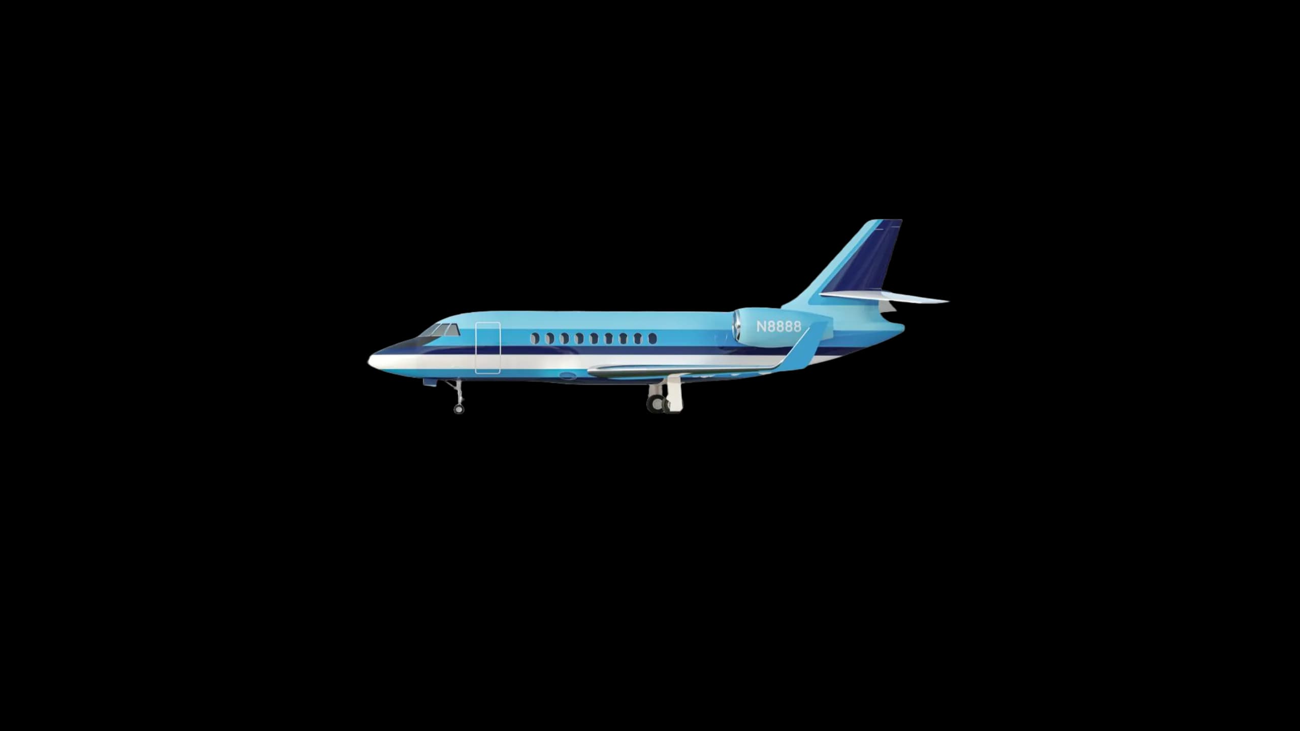A blue and white business jet with registration N8888, viewed from the side.