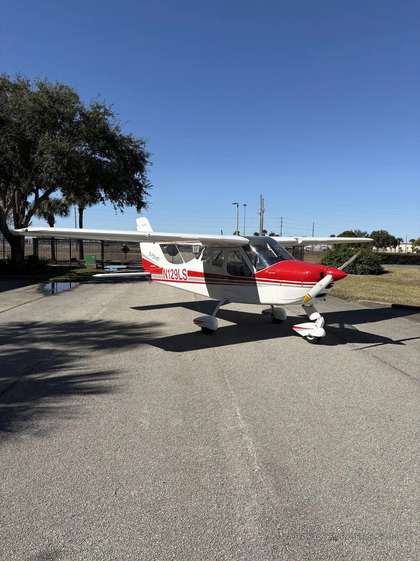 A white and red Tecnam P2008 aircraft with registration N129LS is parked on an asphalt surface next to a tree under a clear blue sky.