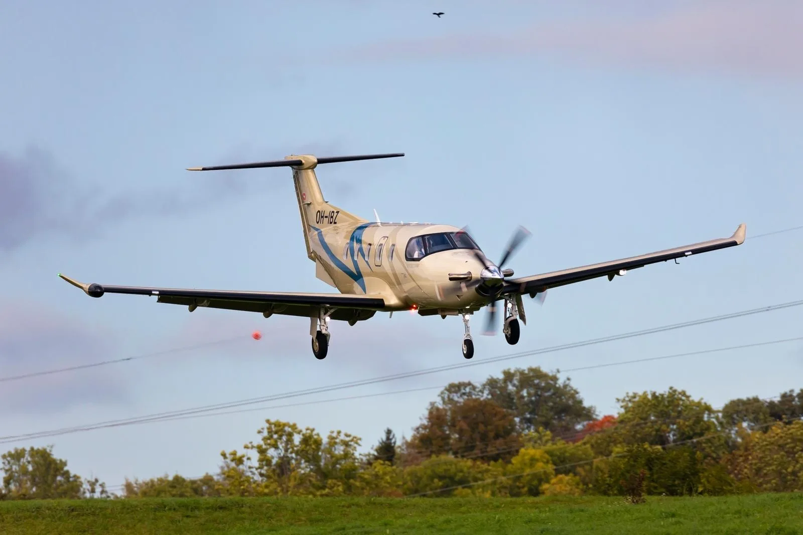 A beige Pilatus PC-12 NGX aircraft with blue accents and registration OH-IBZ is in flight over a green landscape.