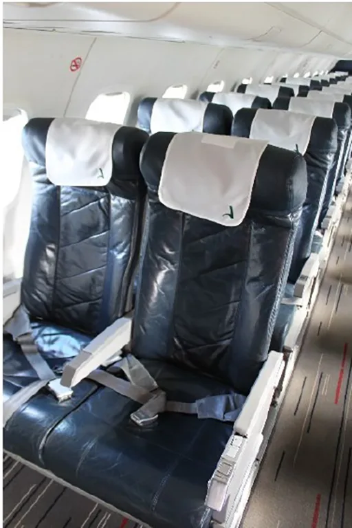 A close-up view of dark blue aircraft seats with white headrest covers featuring a small green logo, arranged in rows.
