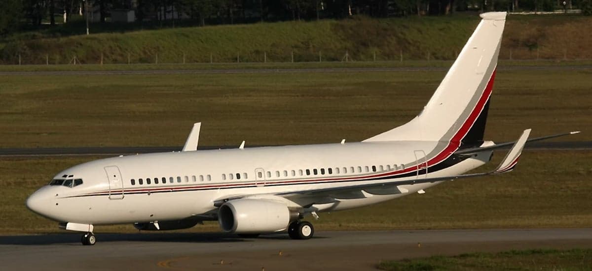 A Boeing 737 with a custom paint scheme is parked on the tarmac.
