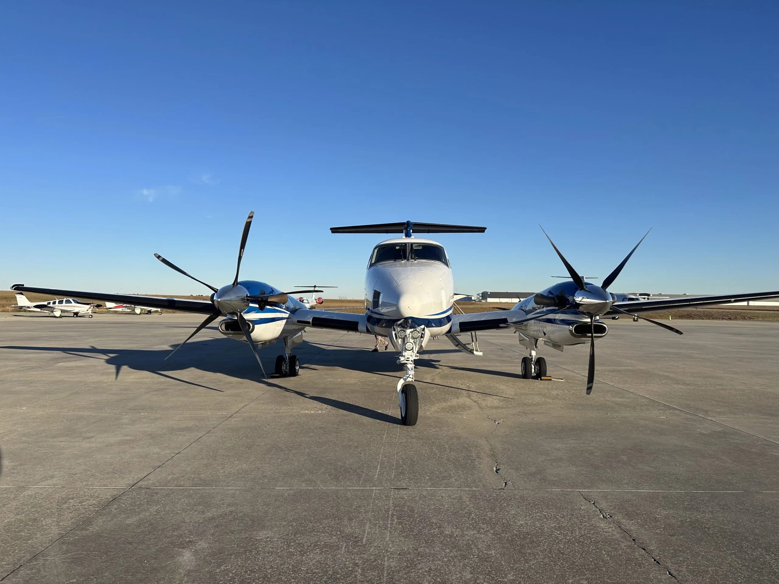 Front view of a Beechcraft King Air 360ER on the tarmac.