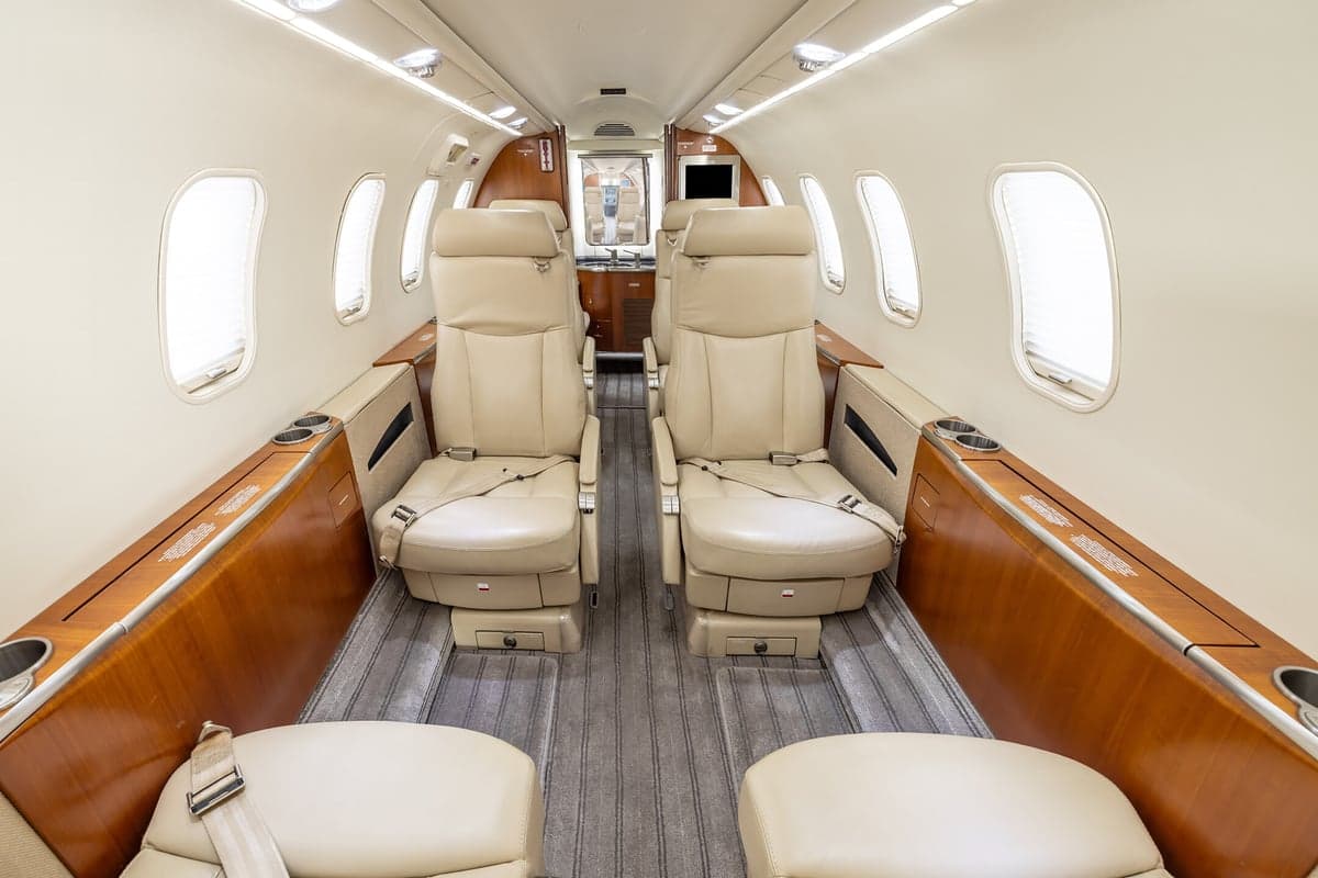 View of the interior cabin of a Learjet 45XR aircraft.