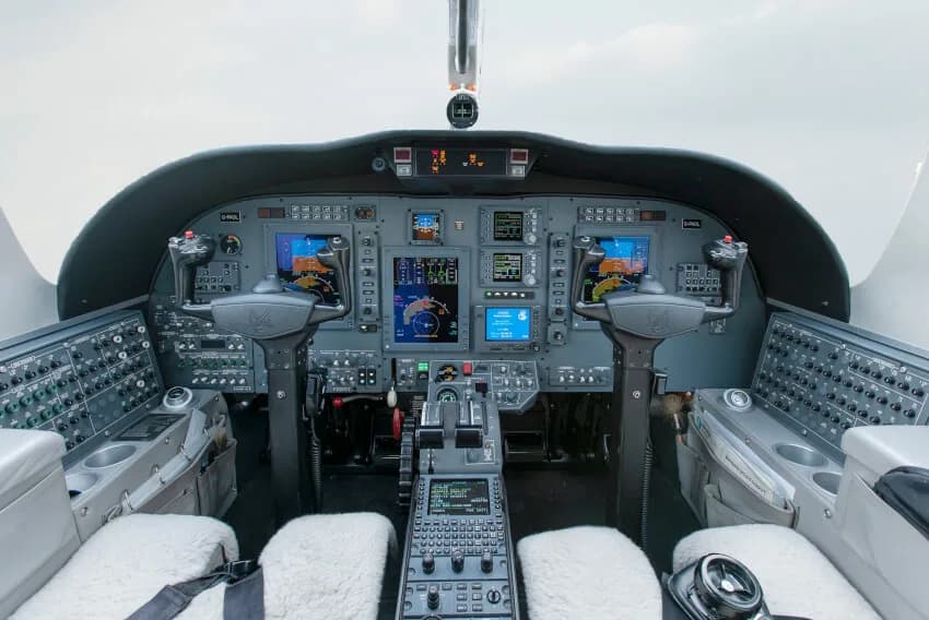 The cockpit of a Cessna Citation CJ3 features advanced avionics and controls.