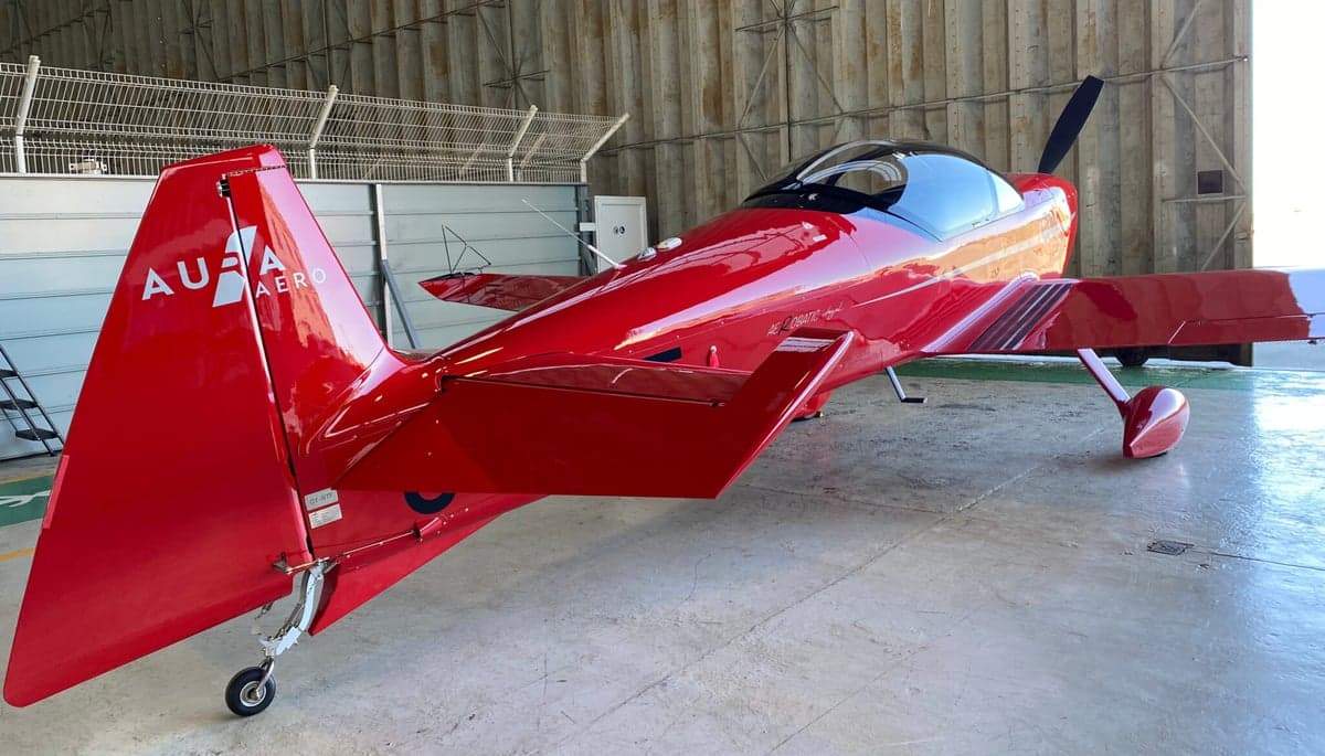 Rear view of the Aura Aero Integral R in a hangar.