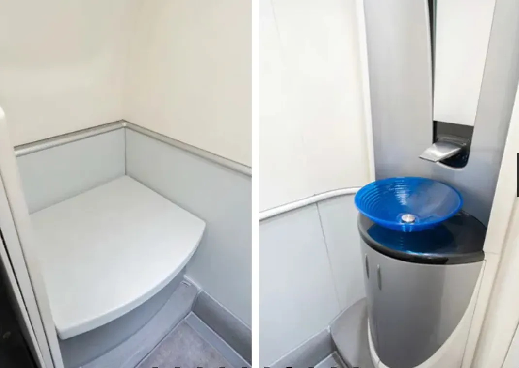 A split image showing the lavatory area of a HondaJet, with a toilet seat on the left and a sink with a blue bowl on the right.