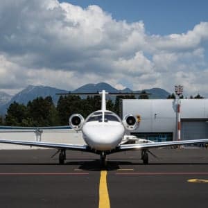 Front view of a Cessna Citation CJ1+ on the tarmac.