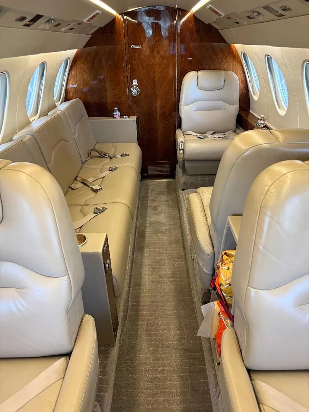 The aircraft cabin interior features tan leather seating arranged in a club configuration with a polished wood bulkhead.