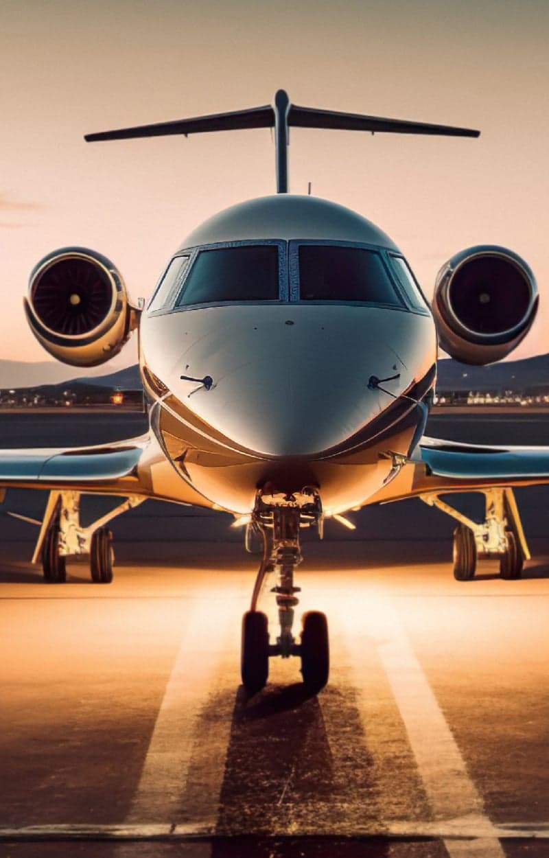 A front view of a jet aircraft on the runway at sunset.