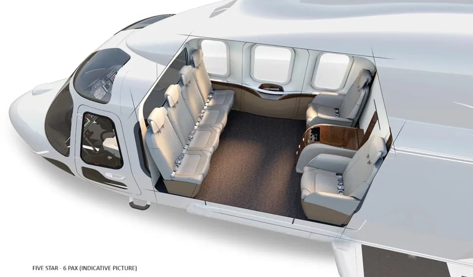 Helicopter interior with six passenger seats.
