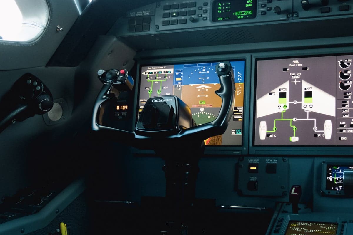 Close up of the cockpit controls and displays.