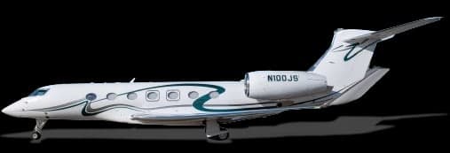 Gulfstream aircraft N100JS with a white and green paint scheme against a black background.