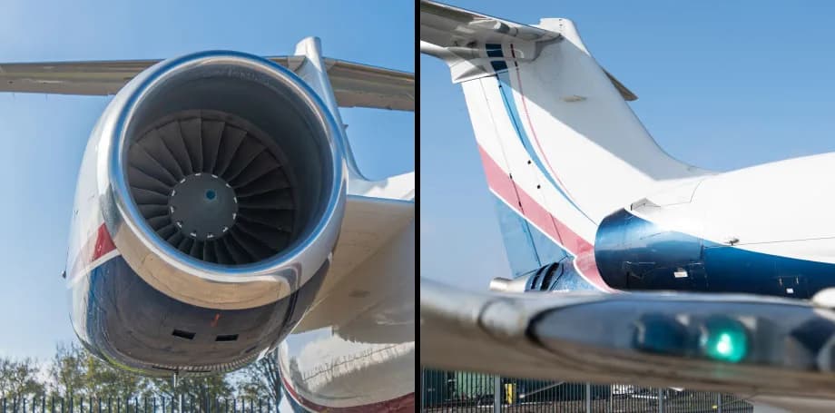 A split image showing a close-up of a jet engine intake on the left and the aircraft's tail with an engine exhaust on the right.