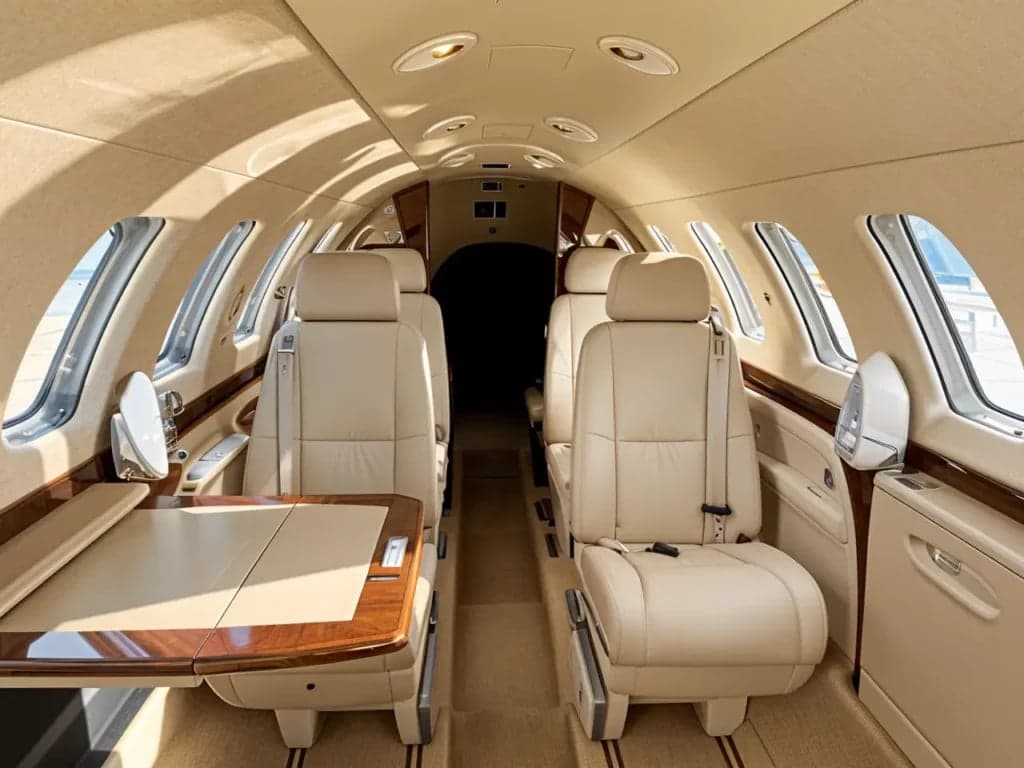 The aircraft's interior features tan leather seats and wood accents.