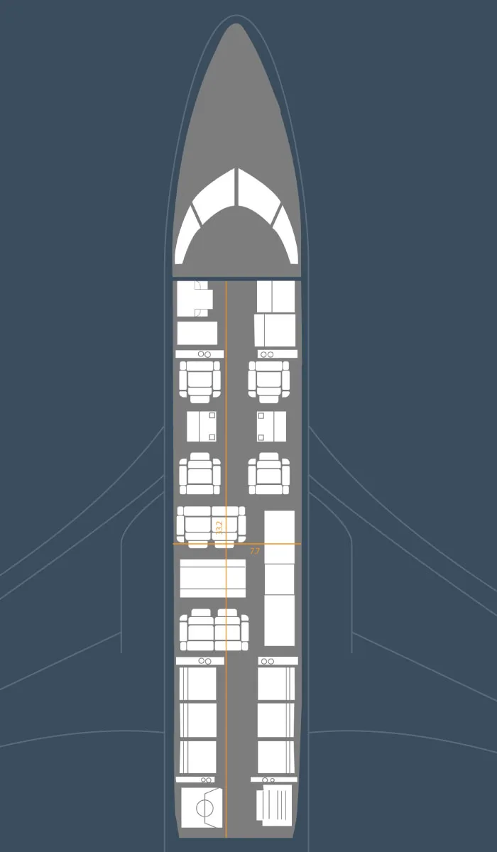 Interior view of the aircraft cabin with leather seats and wood accents.