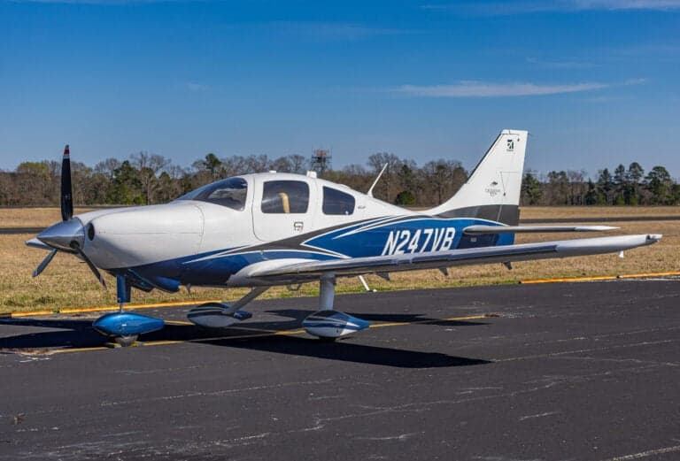 Front quarter view of the Cessna TTx, registration N247VB, on the tarmac.