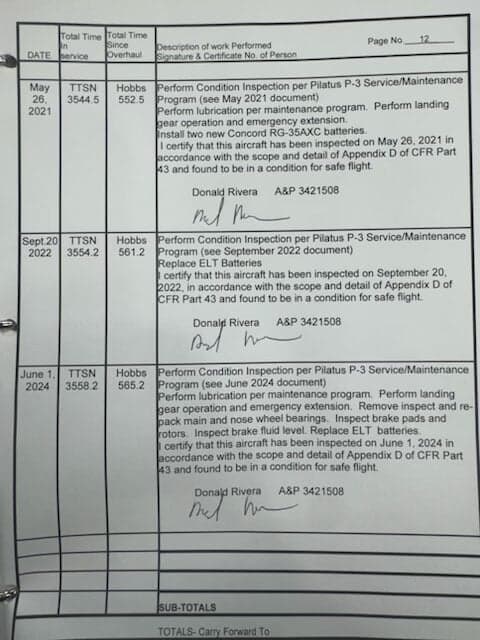 A maintenance log entry for a Pilatus P-3 aircraft.