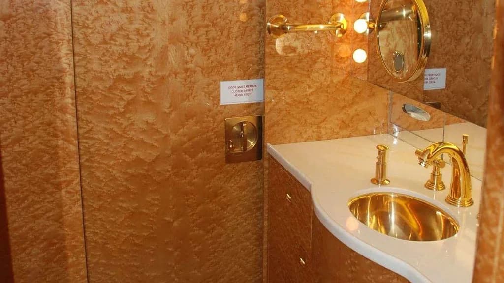 A private jet lavatory with a gold sink, faucet, and mirror, surrounded by polished wood paneling.