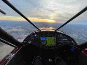 View from the cockpit of an aircraft in flight.