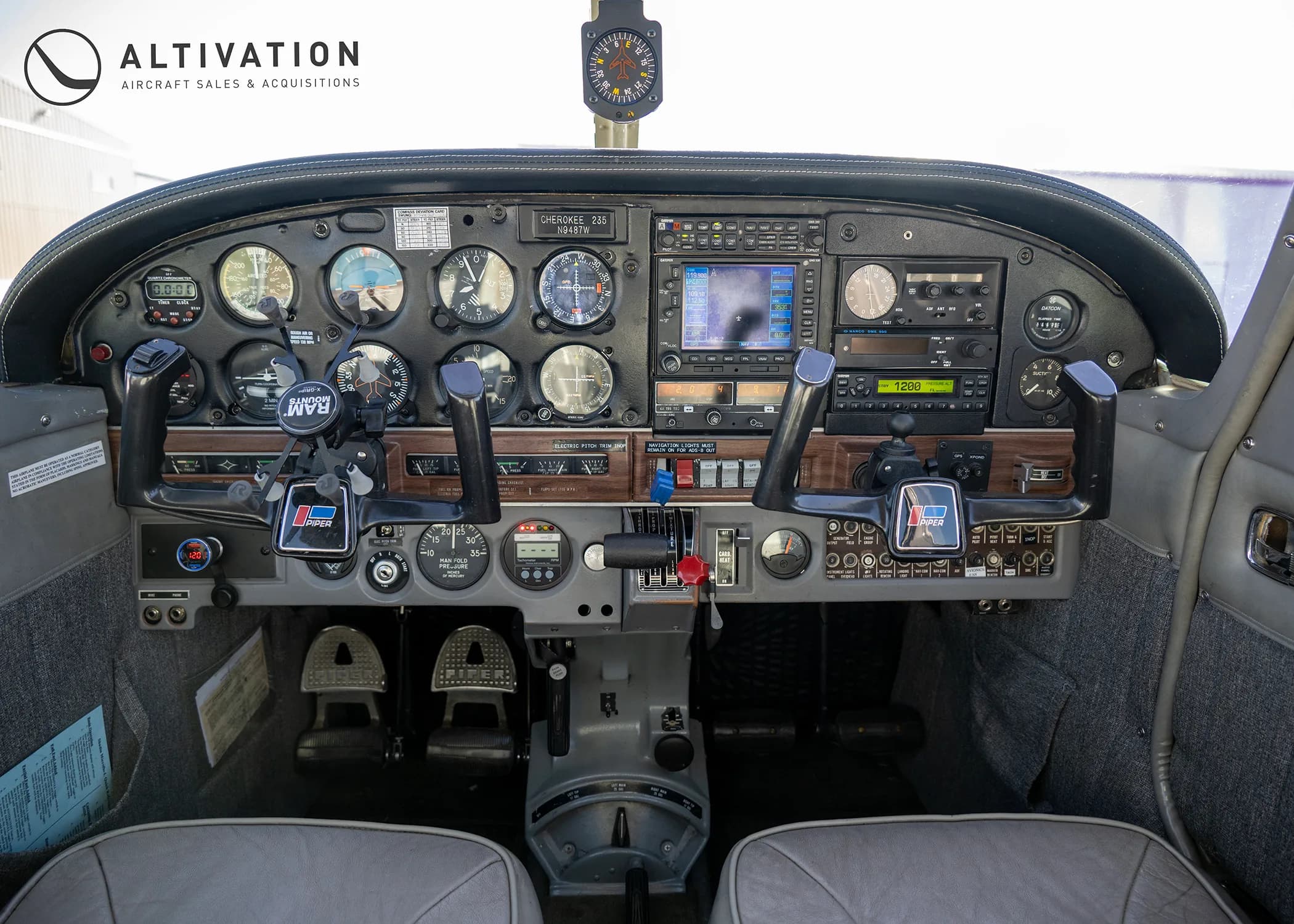 The cockpit of a Piper Cherokee aircraft, showing the instrument panel, yokes, and controls.