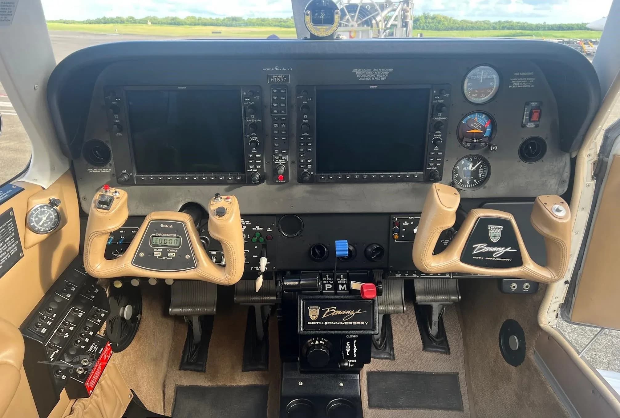 Close-up of the instrument panel and yokes in the cockpit.
