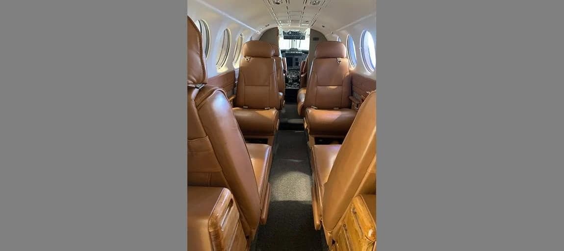 Cabin view of the aircraft with leather seats.