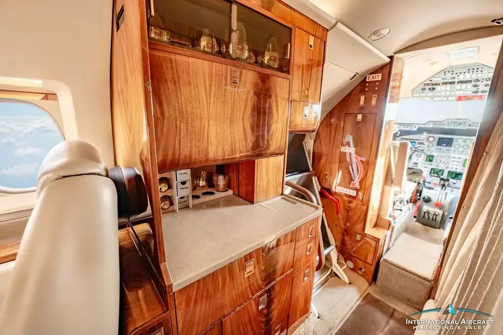 A well-appointed galley area with wooden cabinetry, glassware, and a sink is visible in the private jet's cabin.