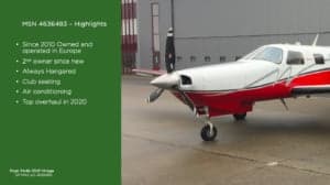 Close-up of a Piper PA46-350P Mirage, registration SP-NAZ, with aircraft highlights.