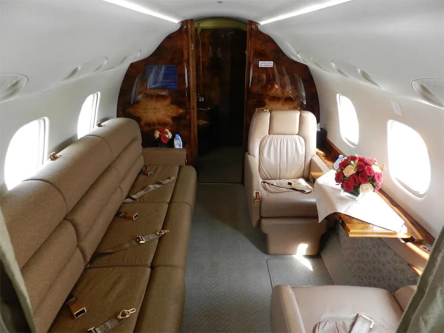 A private jet cabin with a long brown sofa and a single leather seat, adorned with flowers on a side table.
