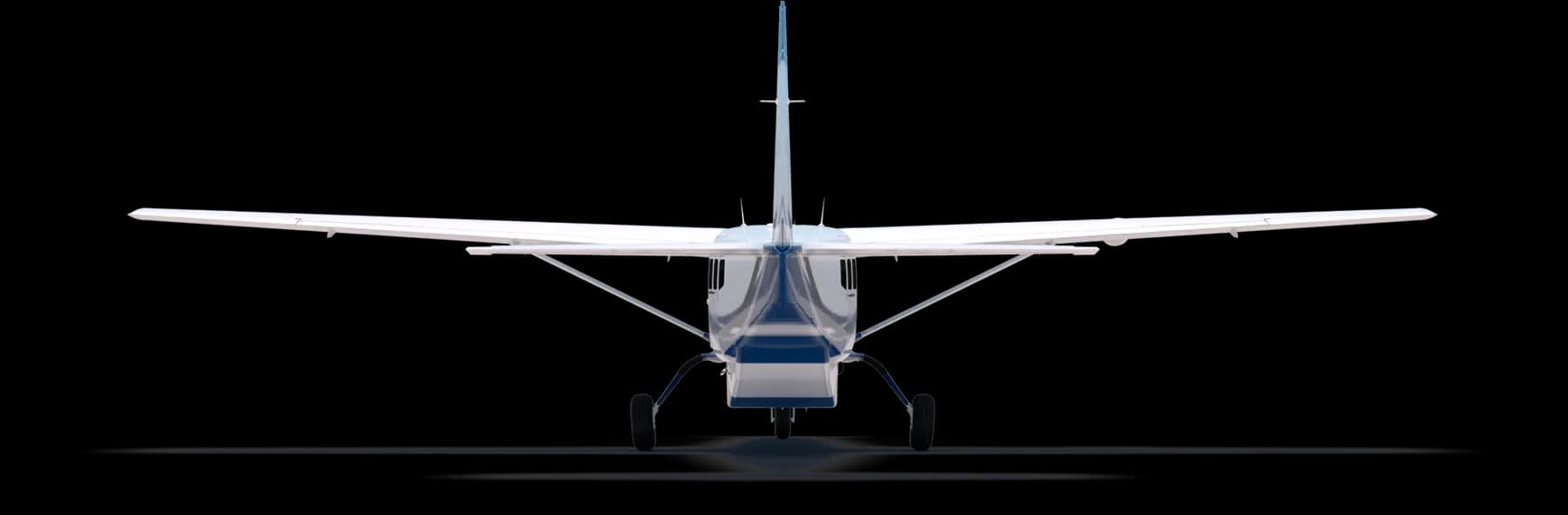 Stock photo of a Cessna Grand Caravan with blue and white paint scheme, rear view.
