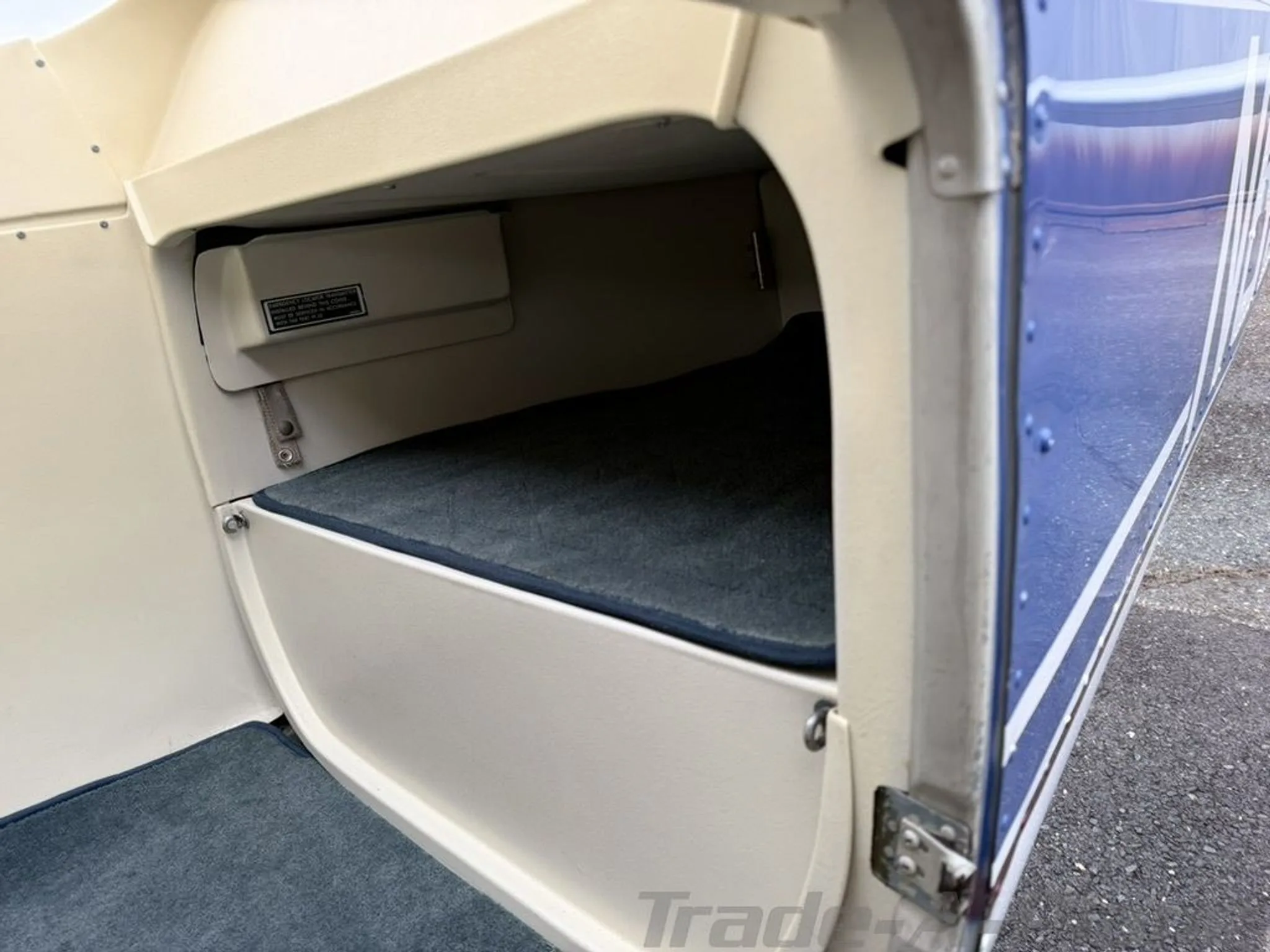 A close-up view of the aircraft's baggage compartment with blue carpet and beige walls.