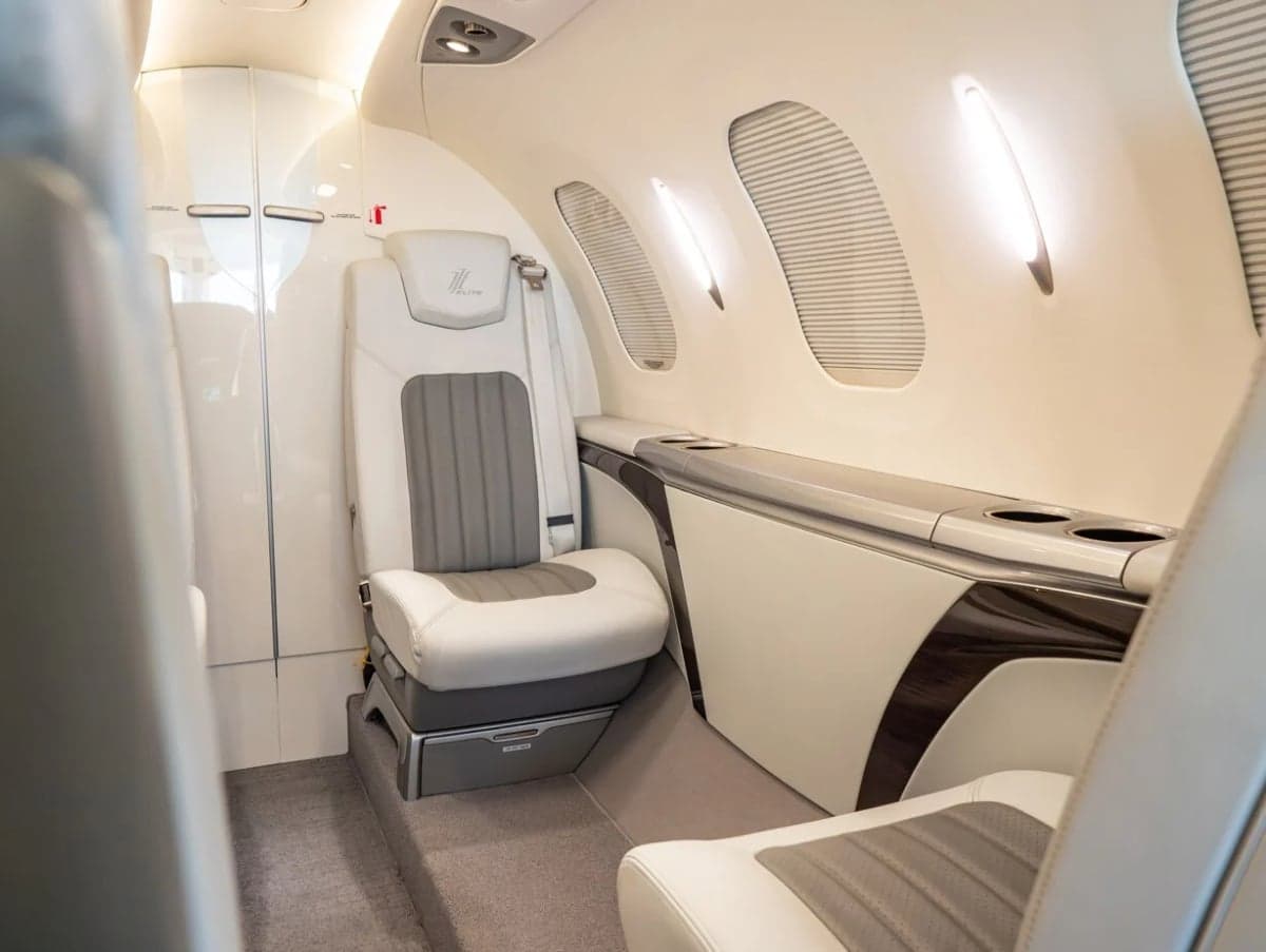 View of the interior cabin seating of the aircraft.