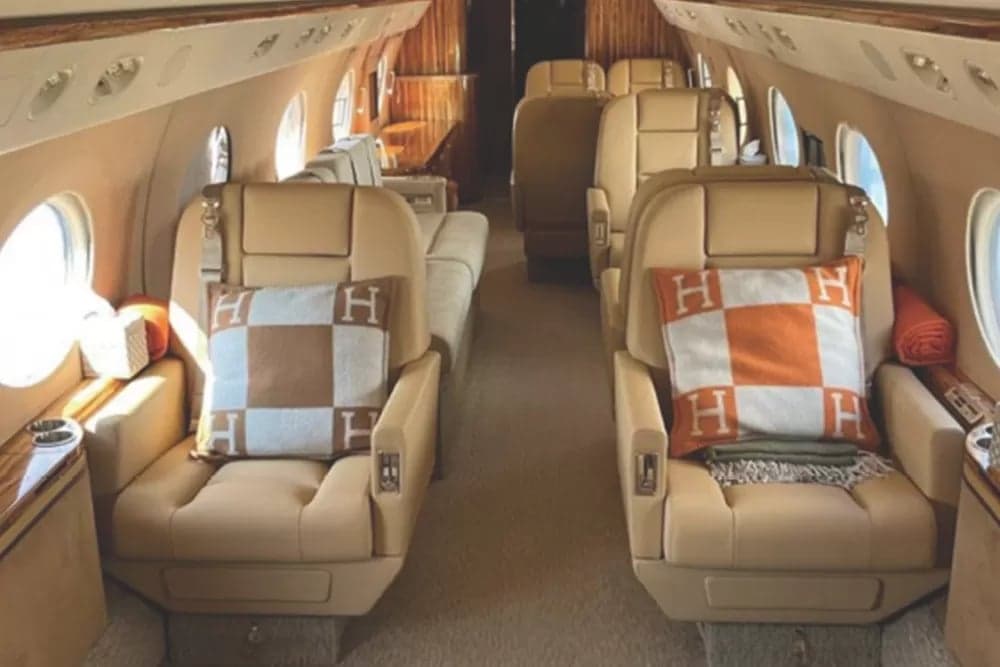 View of the aircraft's cabin with tan leather seats and decorative pillows.