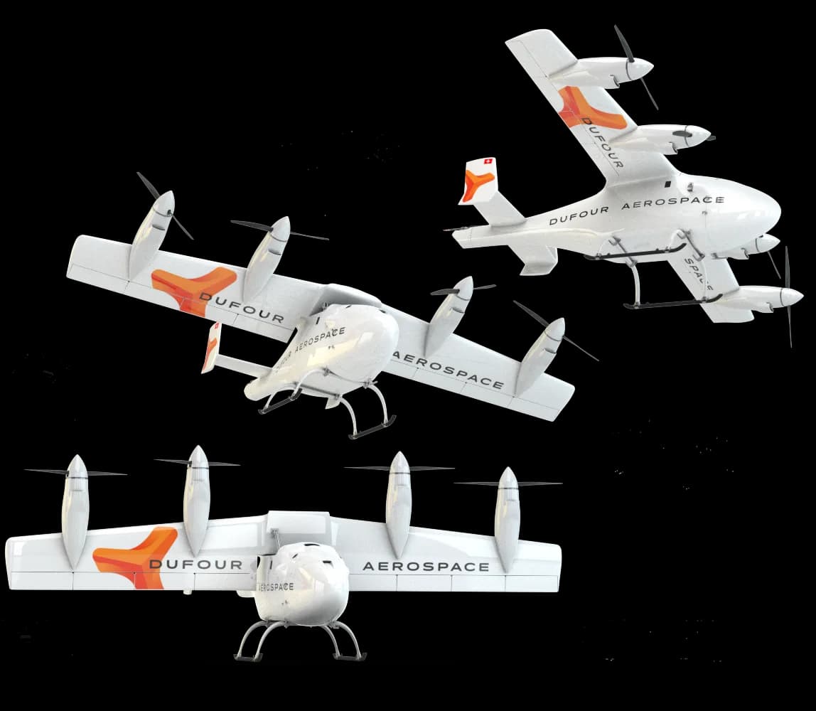 Three rendered views of a white Dufour Aerospace eVTOL aircraft with orange accents on a white background.