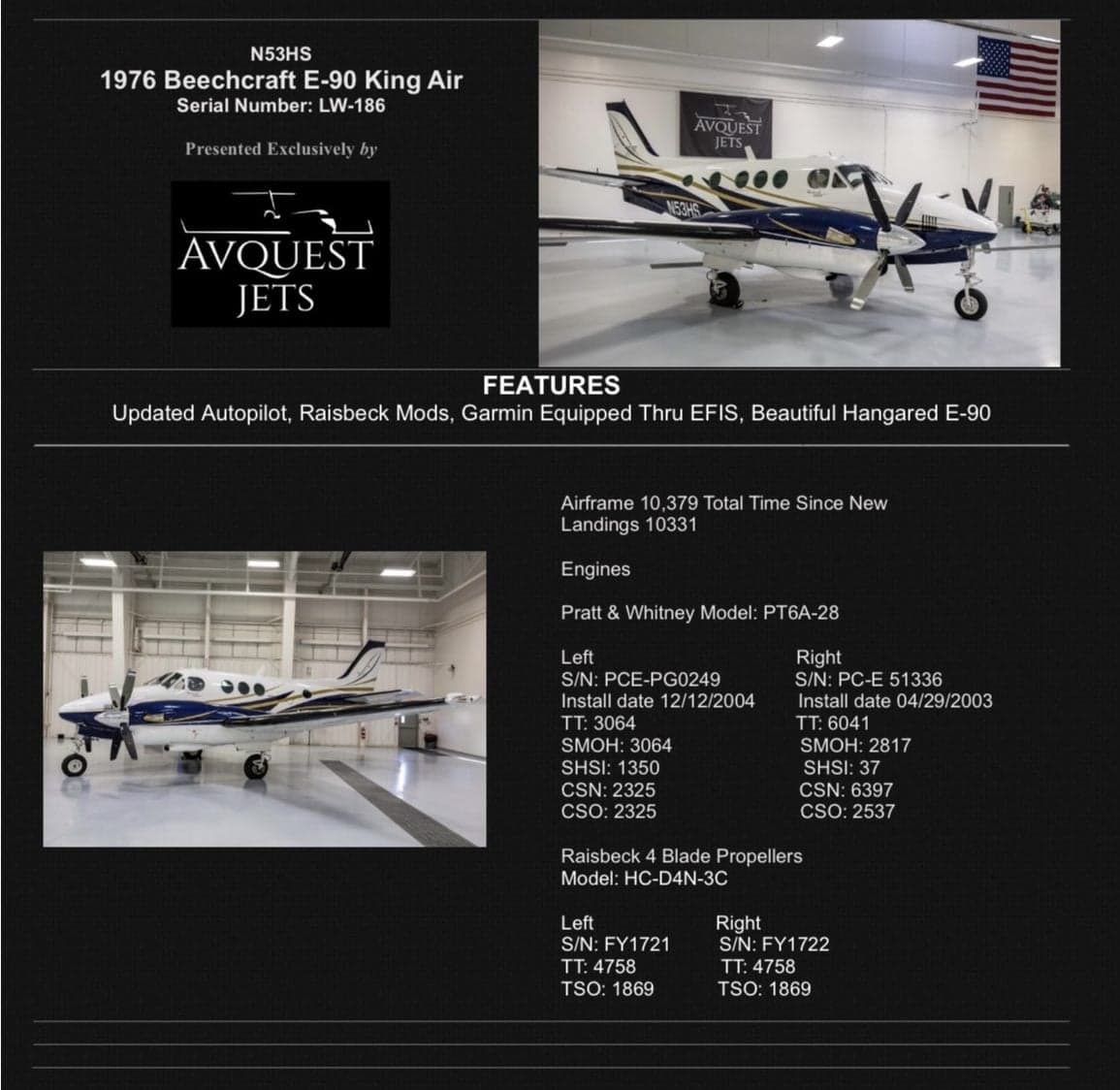Two exterior views of the Beechcraft King Air E-90, N53HS, in a hangar, showcasing its blue and white paint scheme.