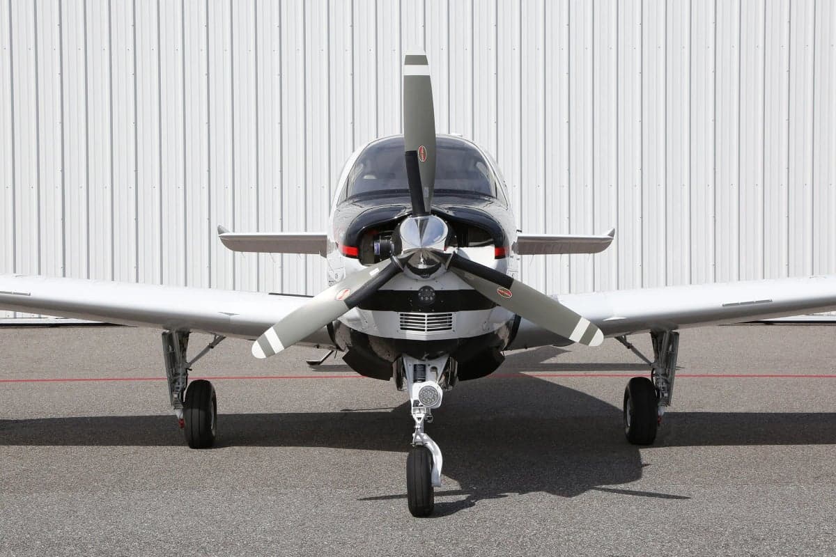 Close up front view of a Beechcraft Bonanza G36 parked on the tarmac.