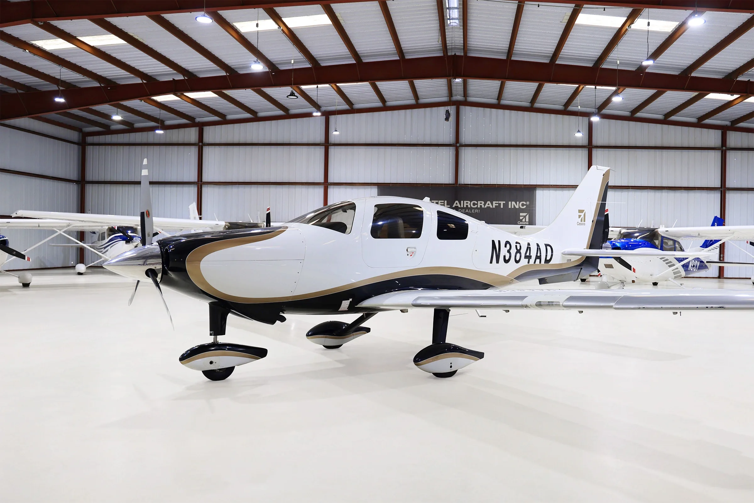 A white, black, and gold Cessna TTx aircraft (N384AD) is parked in a hangar, viewed from the front-side.