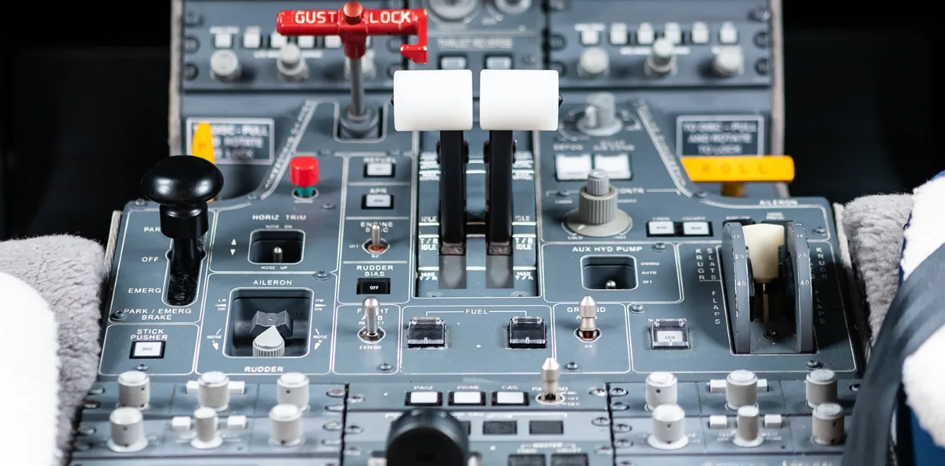 Close-up of the aircraft's center console controls.