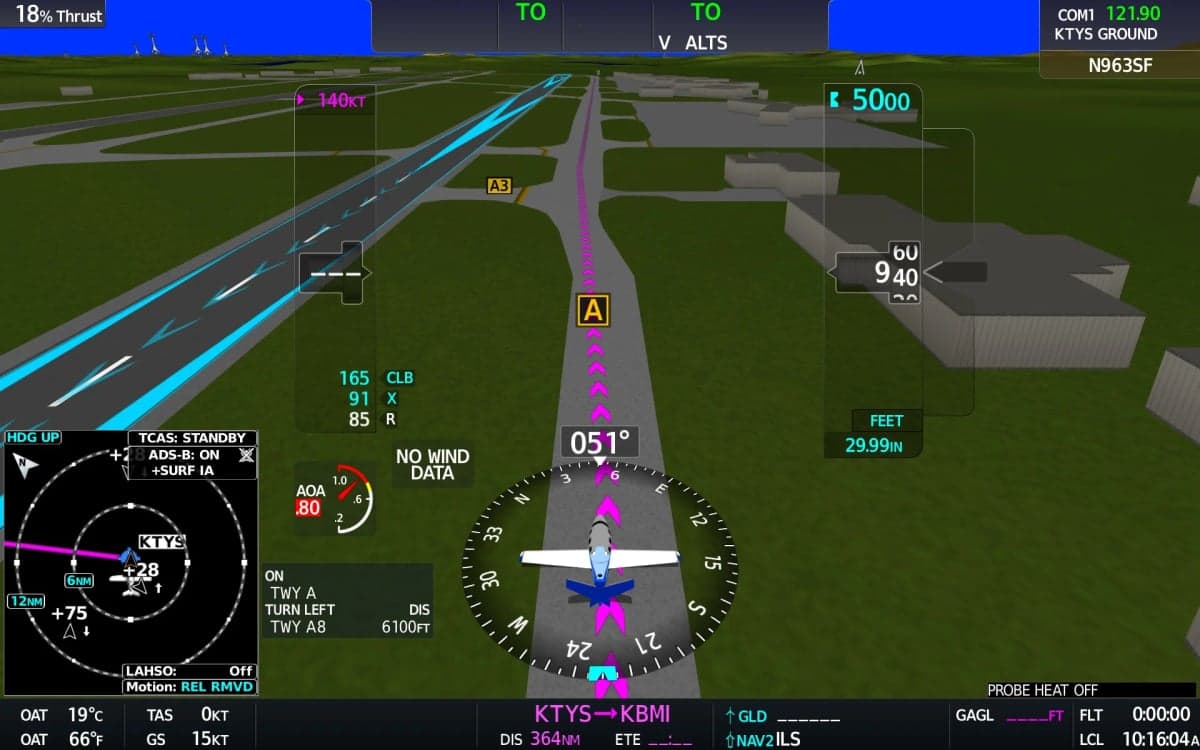 A Cirrus Perspective Touch display shows the aircraft's position on the runway.