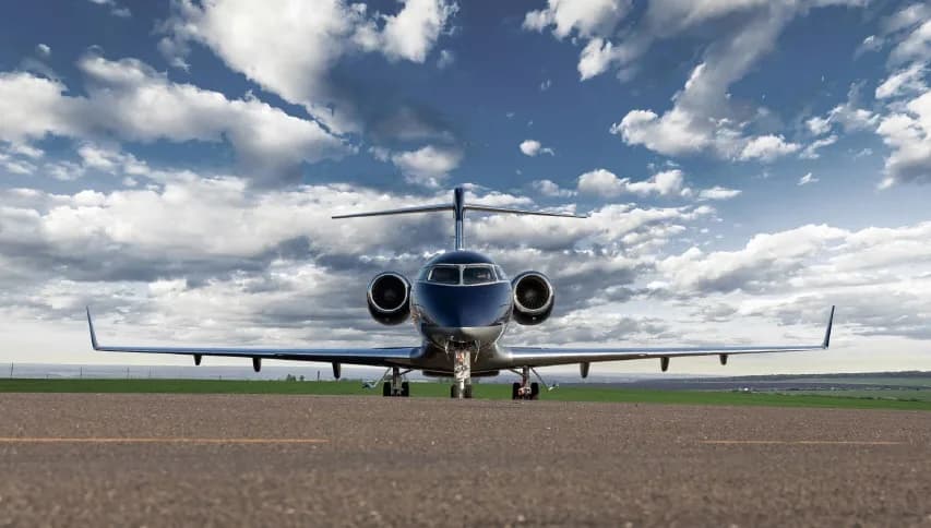 Front view of a Bombardier Challenger 350 on the tarmac.