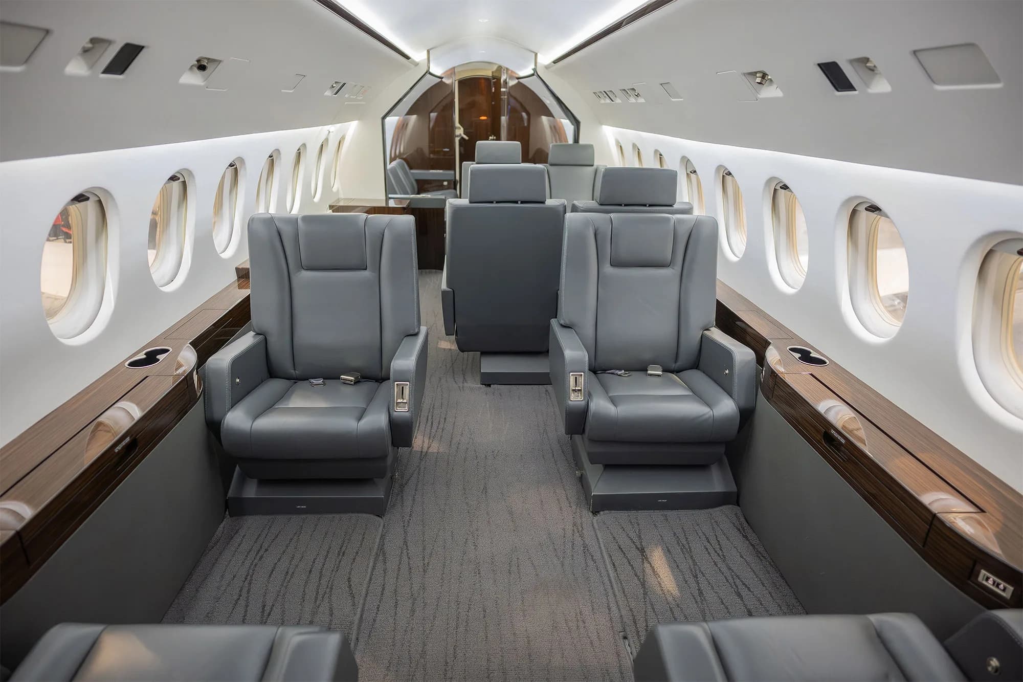 View of the aircraft interior with gray leather seats.