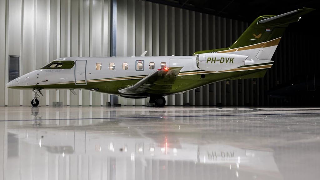 A side view of a white and green business jet, registration PH-DVK, parked in a hangar.