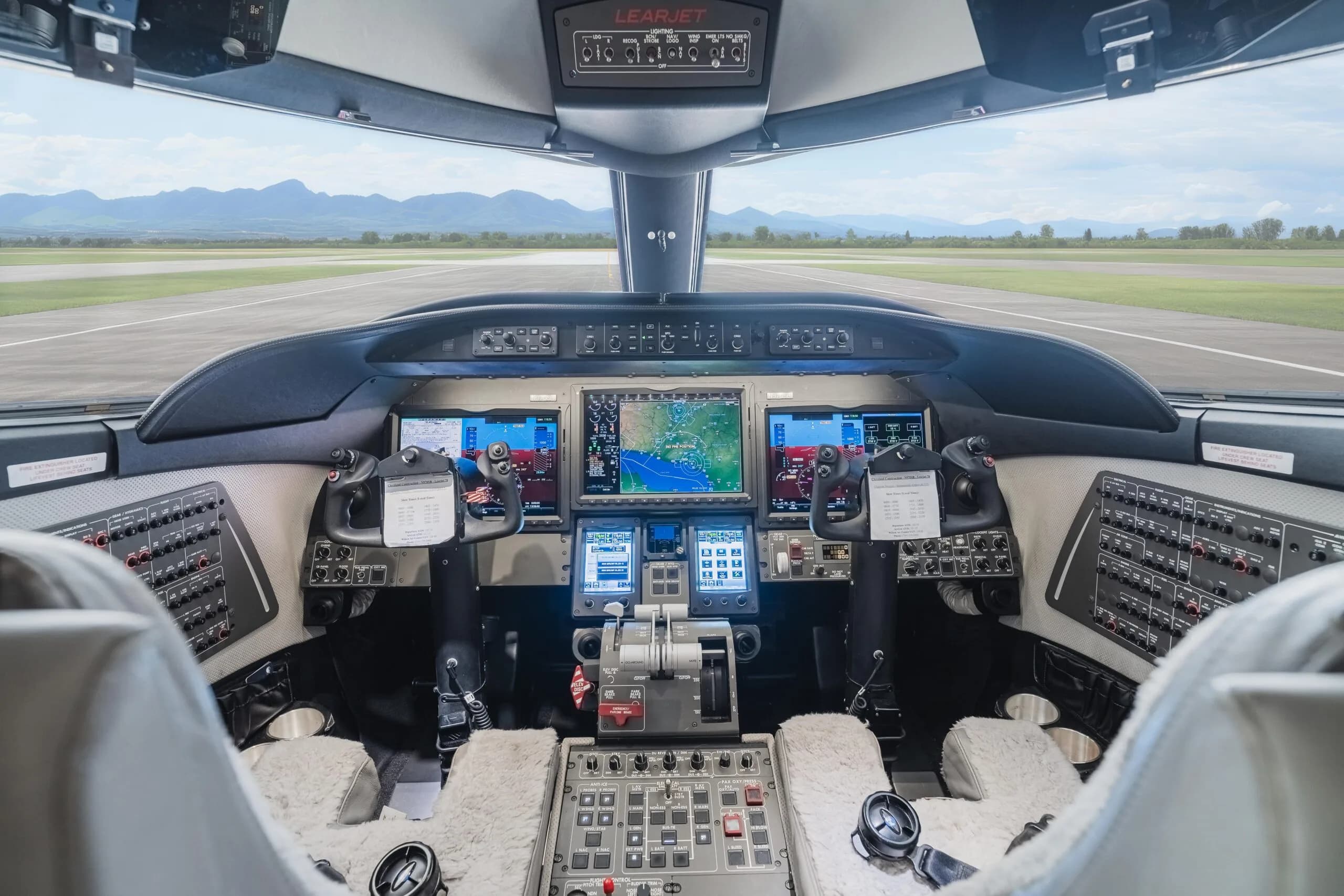 The cockpit of the Learjet is equipped with advanced avionics and displays.