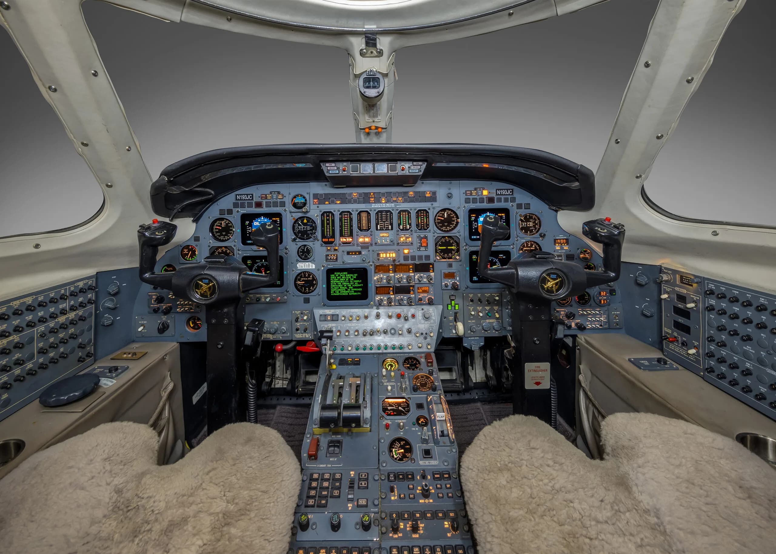 View of the aircraft cockpit and instrument panel.