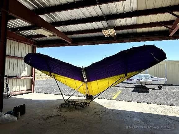A purple and yellow delta-wing aircraft is stored in an open hangar, with a white light aircraft visible outside.