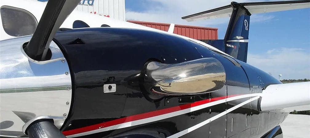 Close up of the engine nacelle and tail of a King Air 350.