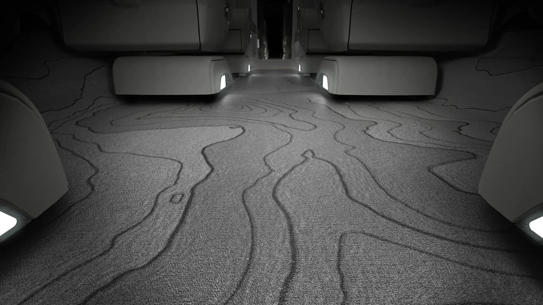 View of the aircraft's carpet with a topographic map design.