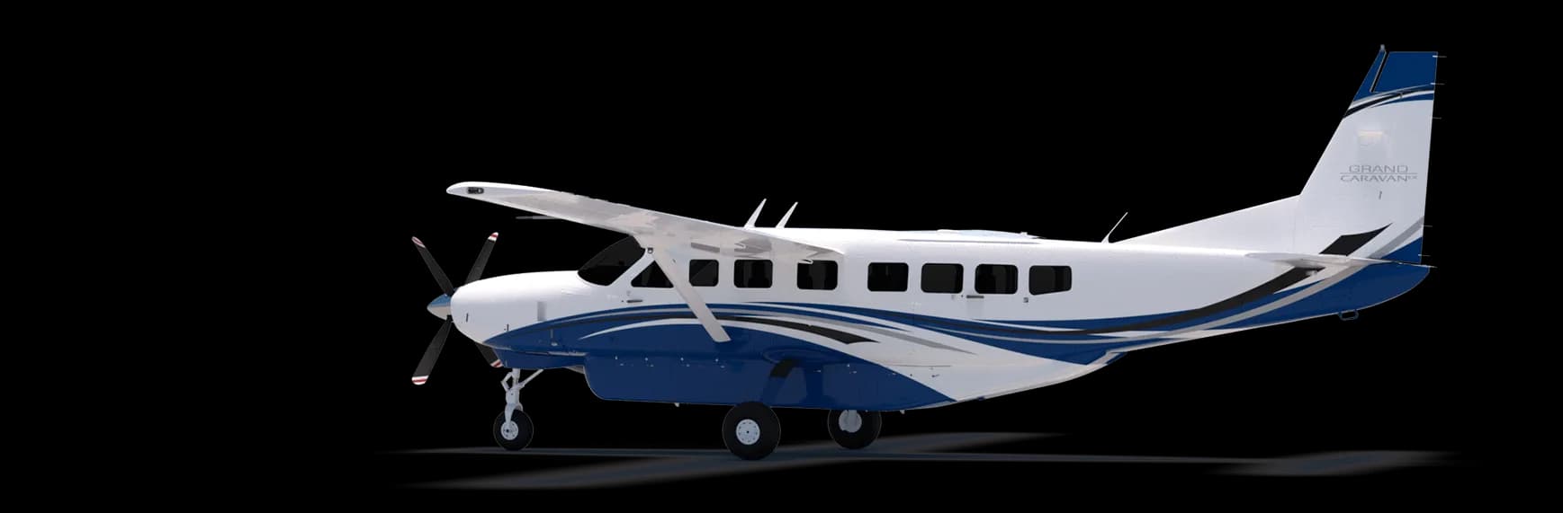 Stock photo of a Cessna Grand Caravan with blue and white paint scheme, side view.