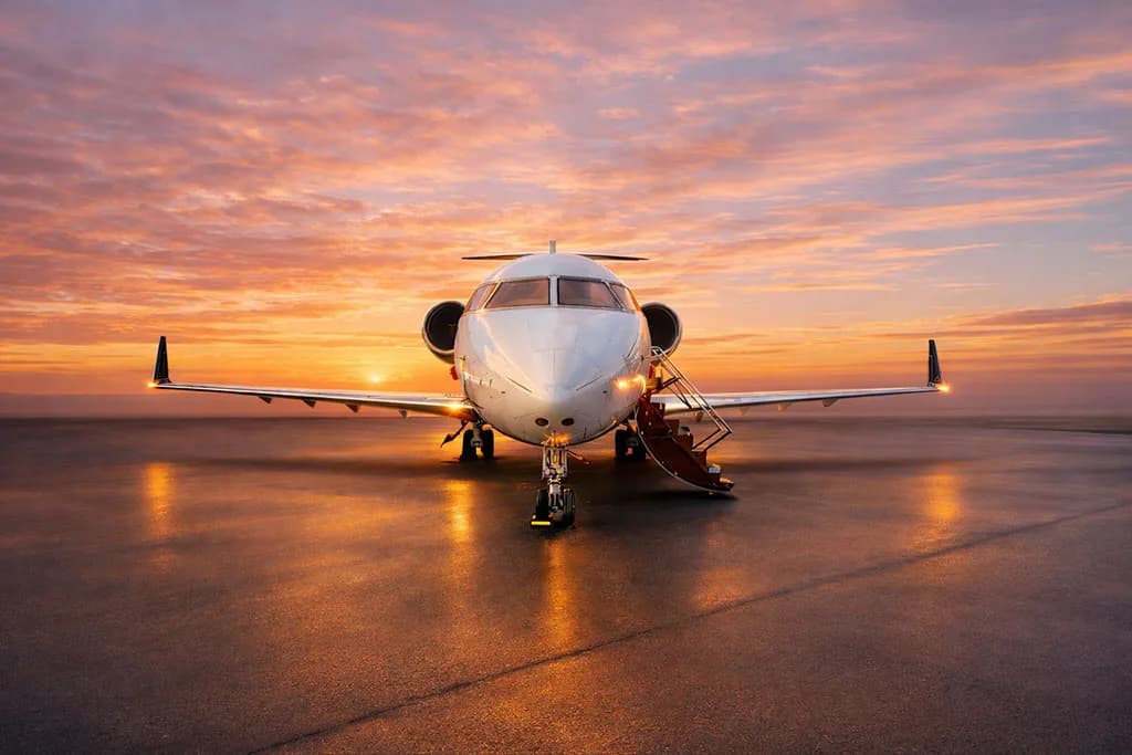 A white and dark blue private jet is viewed from the front with its door open and stairs extended on an airfield at sunset.