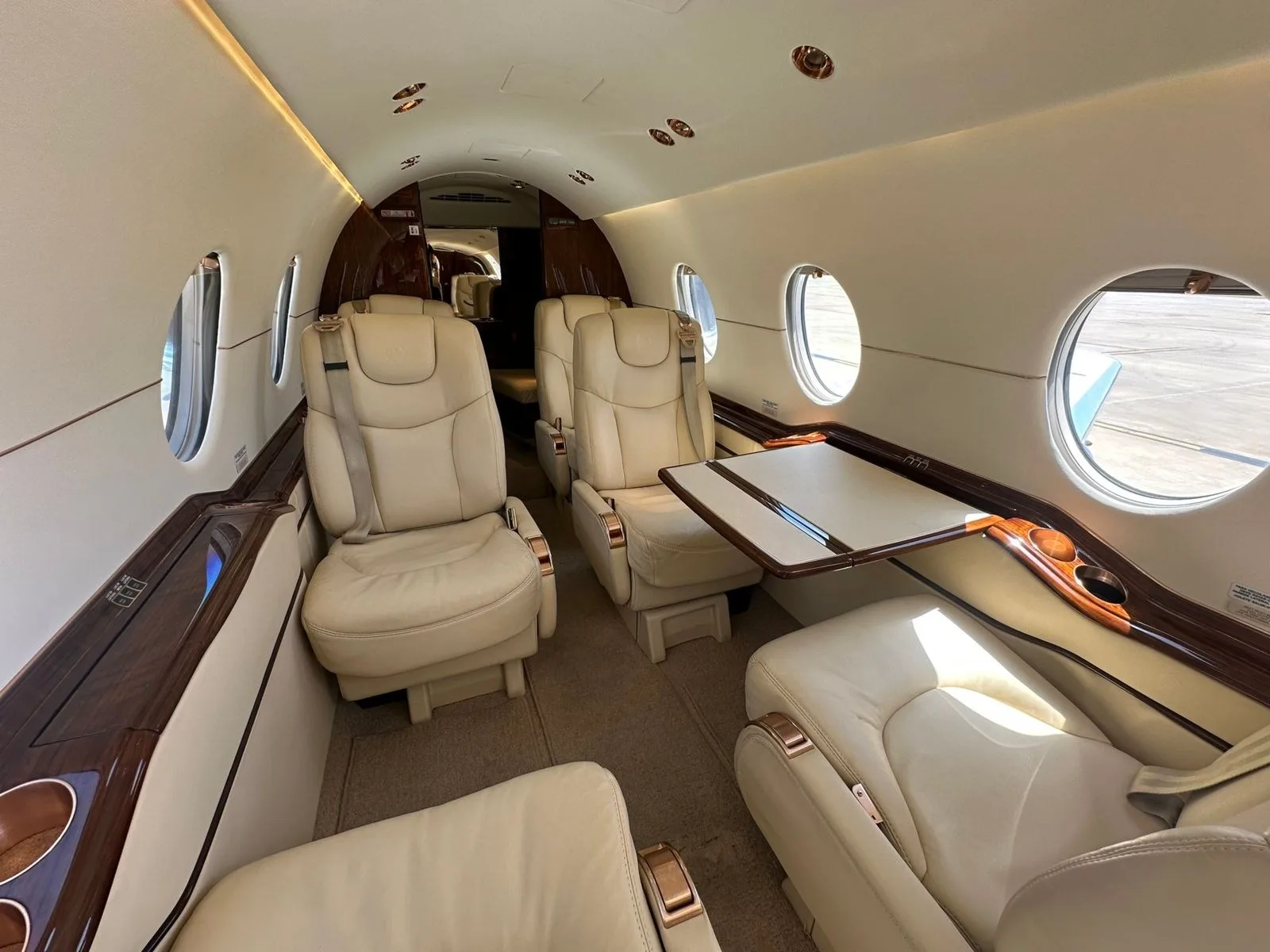 The aircraft's luxurious interior features cream leather seats, polished wood trim, and pull-out tables.